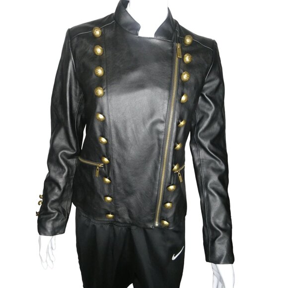 Vince Camuto Black Leather Jacket Gold Buttons Women's Small‎ - Picture 1 of 9